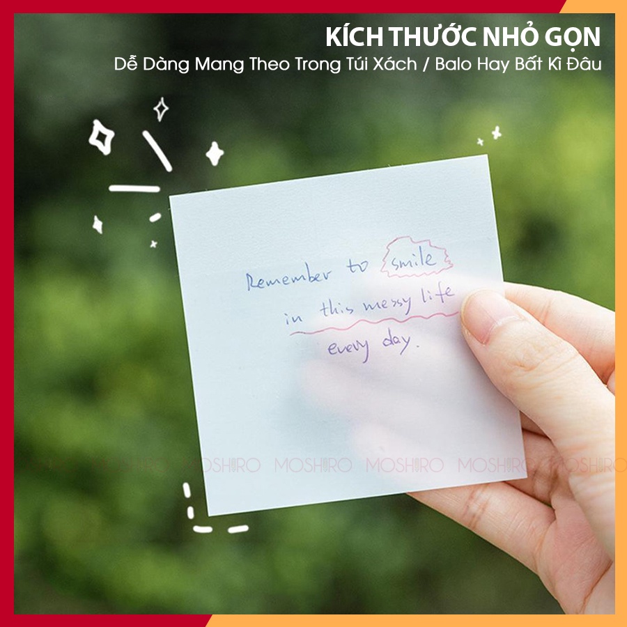 Set 8 Tập 50 Tờ Giấy Note Ghi chú tự dính trong suốt Moshiro chống thấm nước, tiện dụng trong học tập, văn phòng