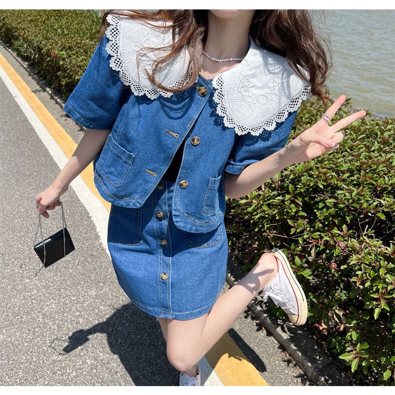 Set Áo Tay Ngắn Phối Ren + Chân Váy Denim Chữ A Lưng Cao Thời Trang Hàn Quốc Cho Nữ