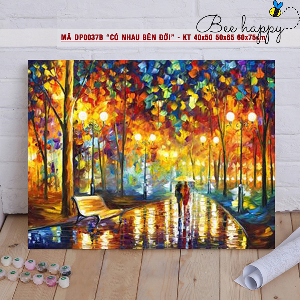 Tranh sơn dầu số hóa tự tô màu BEE HAPPY phong cảnh đêm đèn đường mùa thu Có nhau bên đời DP0037B