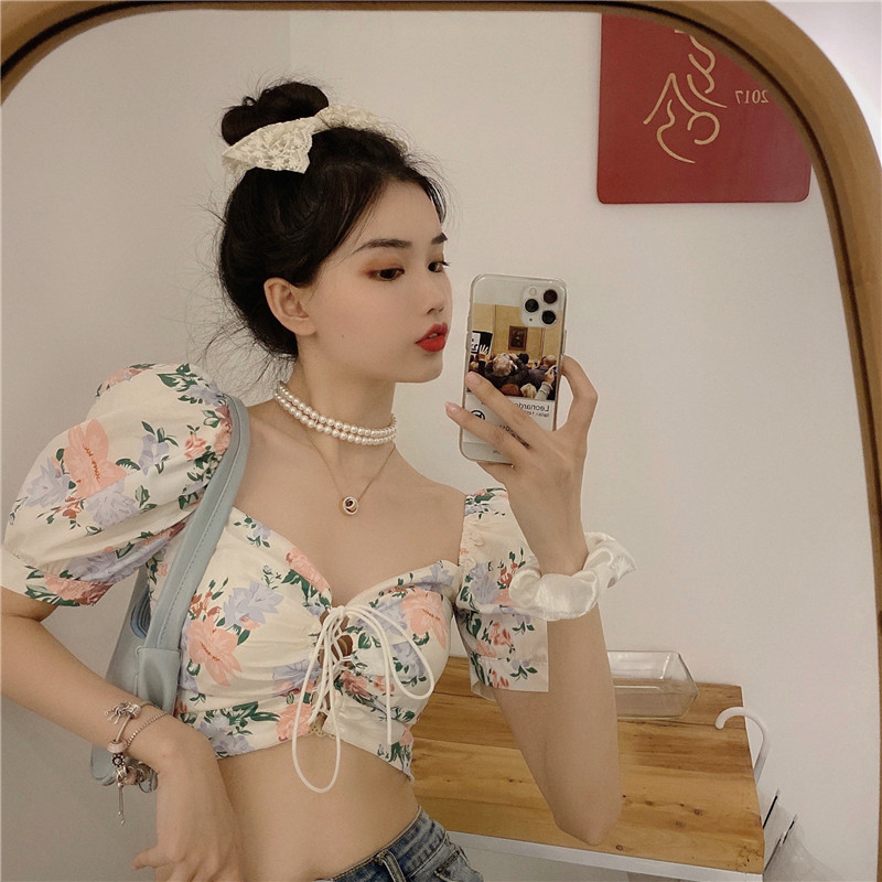 Áo Croptop Tay Phồng Cổ Chữ V In Hoa Thời Trang Dành Cho Nữ