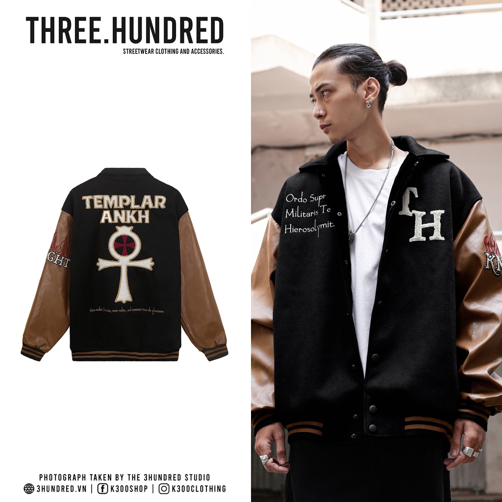 ◘₪Áo Khoác Varsity Jacket Chất Liệu Dạ Tay Nâu Da Dày Dặn Cổ Bẻ Form Rộng Thoải Mái Unisex Hình Thêu Sắc Nét Màu đen