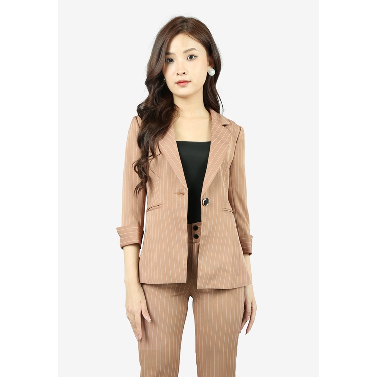 Áo vest 2 lớp tay lỡ cổ 2 ve thô sọc kẻ nâu trắng tay lỡ măng séc túi thật có nắp The One Fashion AVB0921KENA