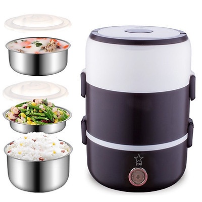 Hộp Cơm Hâm Nóng Và Nấu cơm Inox 3 Tầng, Hộp cơm cắm điện Làm Nóng Bằng Hơi Nước Siêu Tốc