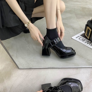 Heydoll Shoes Giày Da Lolita Cao Gót Mũi Vuông Có Quai Đen Bóng