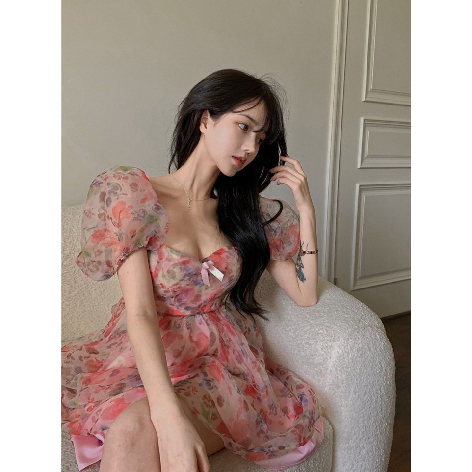 Đầm hoa nữ dáng xoè tay phồng tiểu thư