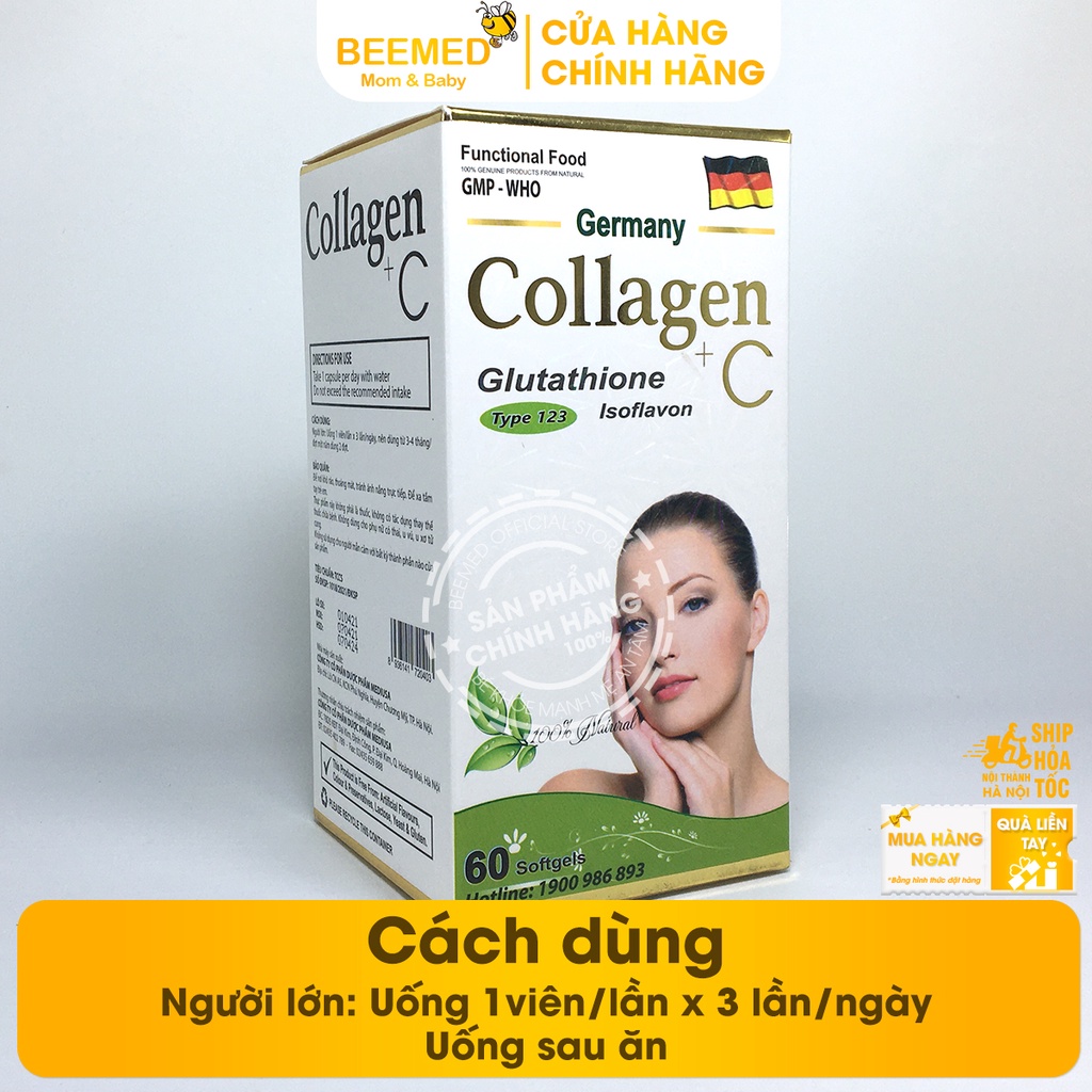 Bổ sung nội tiết tố từ Collagen C thủy phân - Collagen +C hộp 60v có thêm vitamin C, E, glutathion và mầm đậu nành