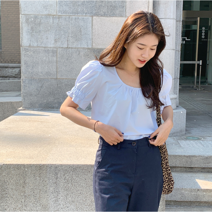 SUXI Áo Sơ Mi Nữ Tay Ngắn Màu Trơn Phong Cách Hàn Quốc