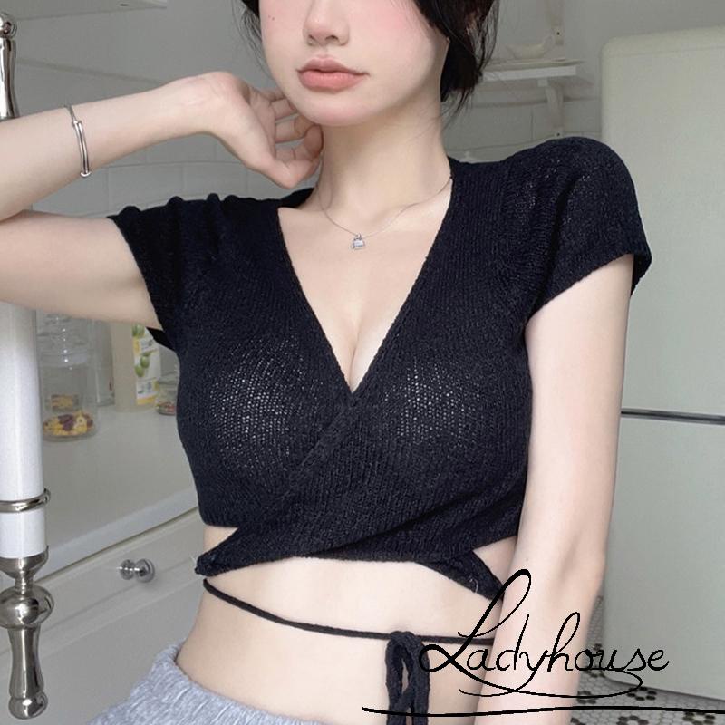 Áo Dệt Kim Tay Ngắn Cổ Chữ V Màu Trơn Thời Trang Dành Cho Nữ