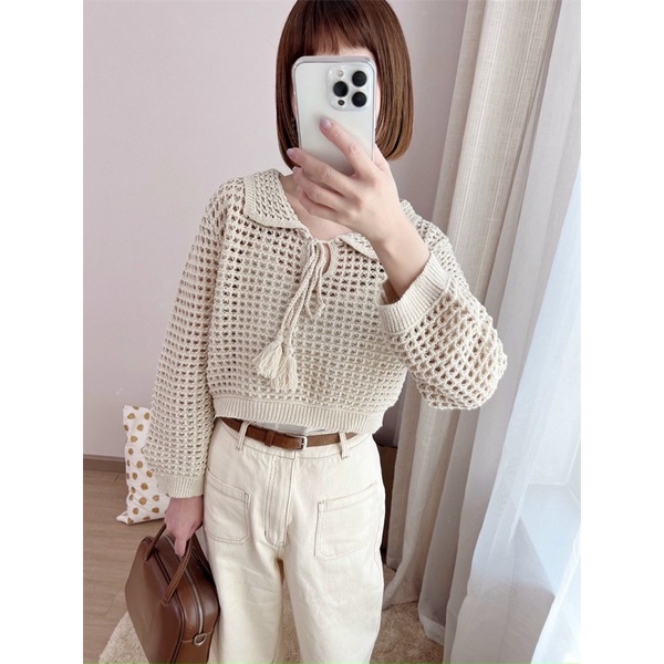 Áo len lưới cổ bẻ vintage dài tay, buộc dây dáng lửng