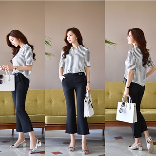 Áo Sơ Mi Cổ Trụ Sọc Đôi- Khánh Linh