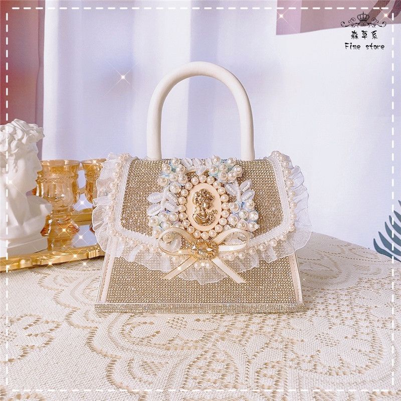 Túi xách tay thiết kế đính đá ren bèo lolita hàng cao cấp