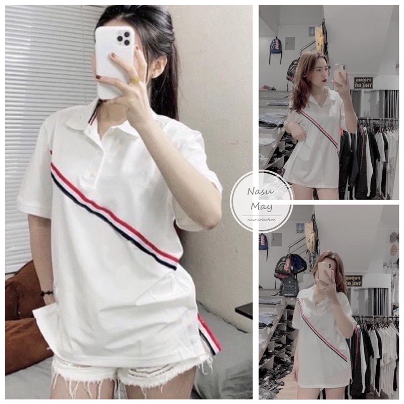 Áo Polo Trắng Sọc Chéo Xanh Đỏ Nam Nữ Form Rộng Tho.m