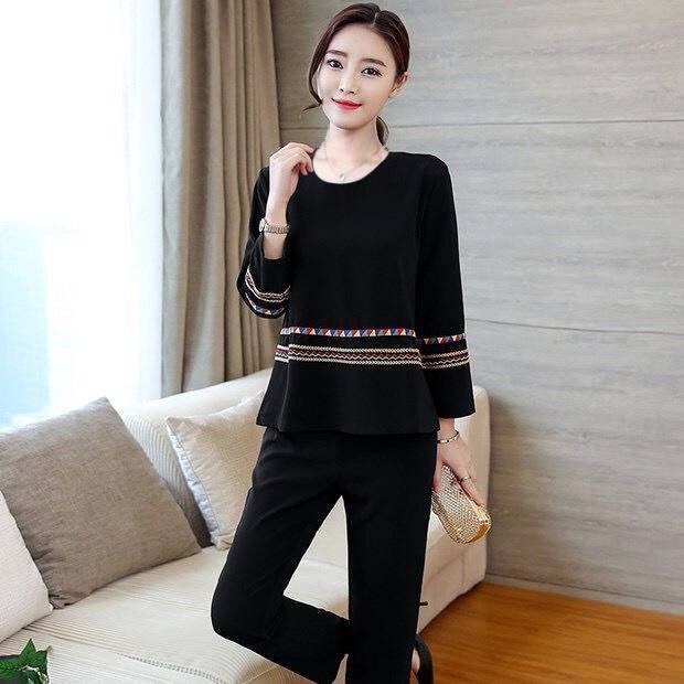 Bộ đồ dài tay cỡ lớn thời trang mùa xuân thu dành cho phụ nữ trung niên 40-50-60 tuổi