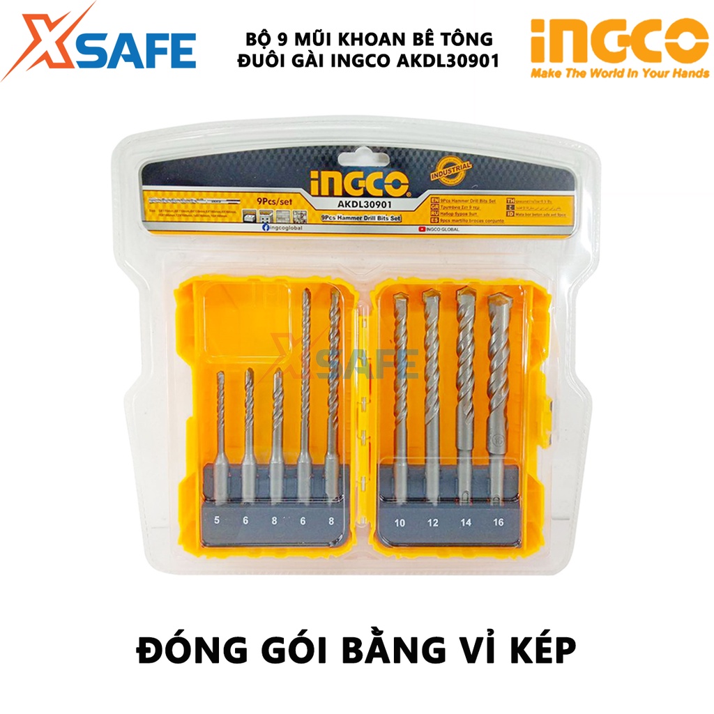 Bộ 9 mũi khoan bê tông đuôi gài INGCO AKDL30901 Bộ mũi khoan 9 chi tiết SDS Plus, đóng gói bằng vỉ kép