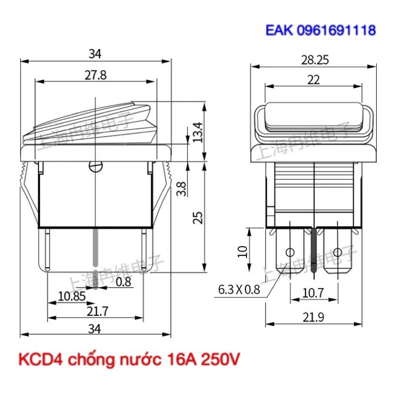EAK - Công tắc chống nước KCD4 16A 250V - 4 chân - đèn báo 220V màu đỏ / xanh - hàng đẹp / 1 cái