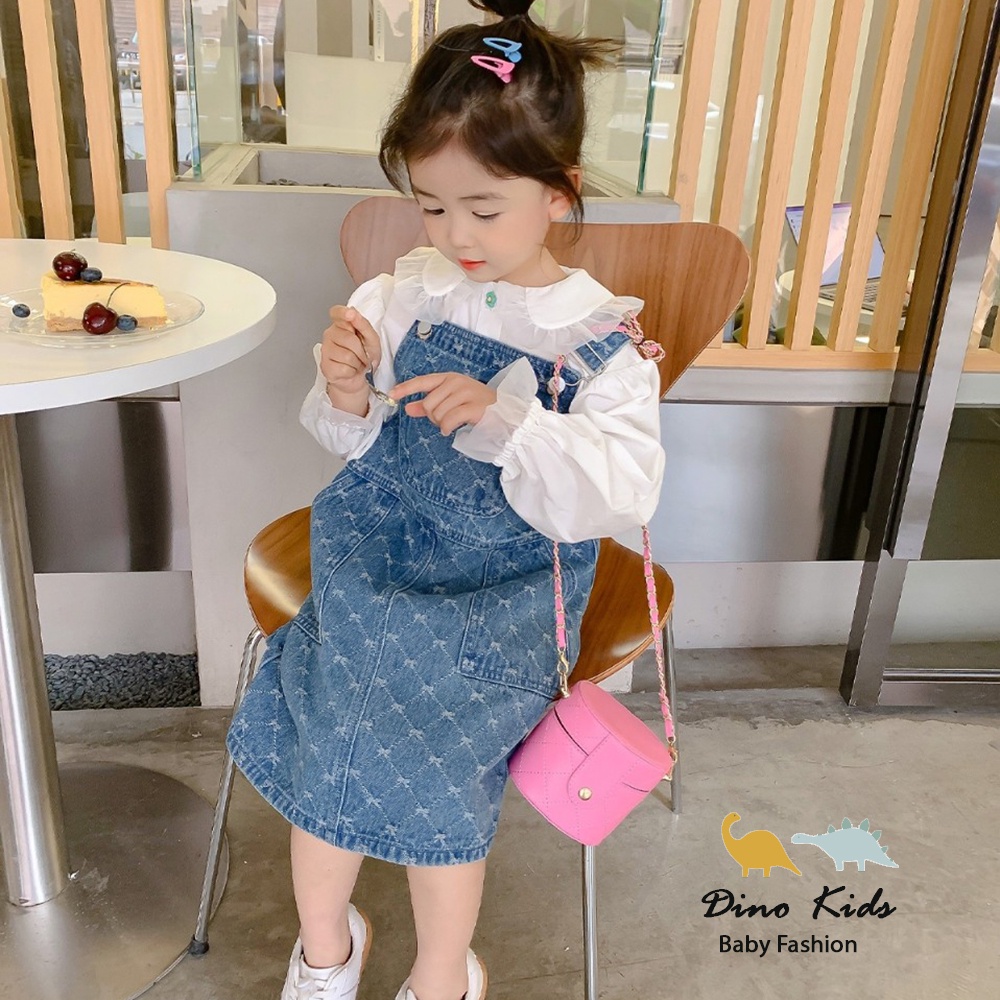 Váy cho bé gái, set yếm váy jean vân trần trám kèm áo sơ mi trắng cổ bèo xịn xò cho bé