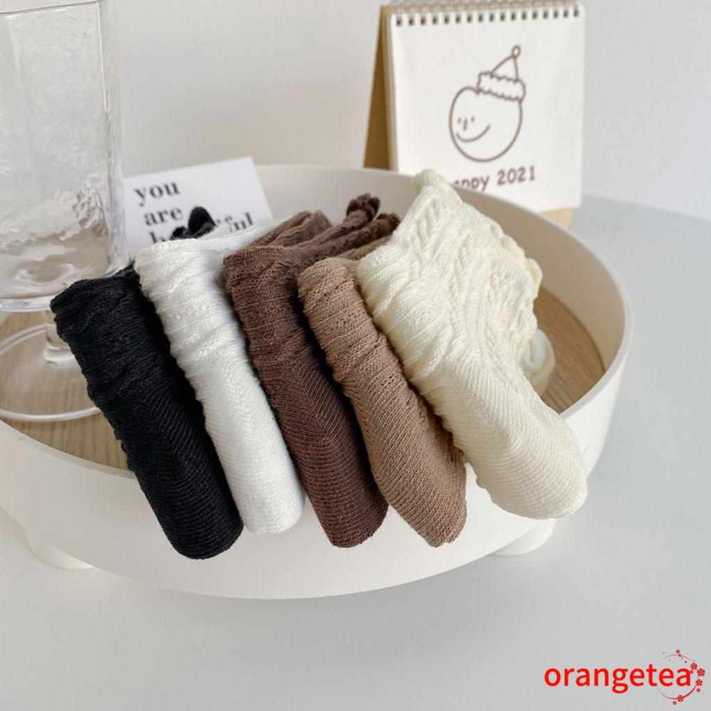 ORT-Vớ cotton ống vừa màu nâu trơn phối ren thời trang thu đông cho nữ