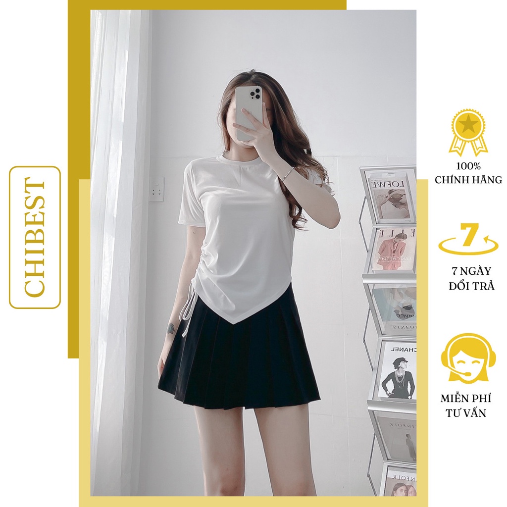 Áo thun nữ kiểu phối xẻ tà rút dây Màu Trơn tay ngắn from vừa CHIBEST LAB43