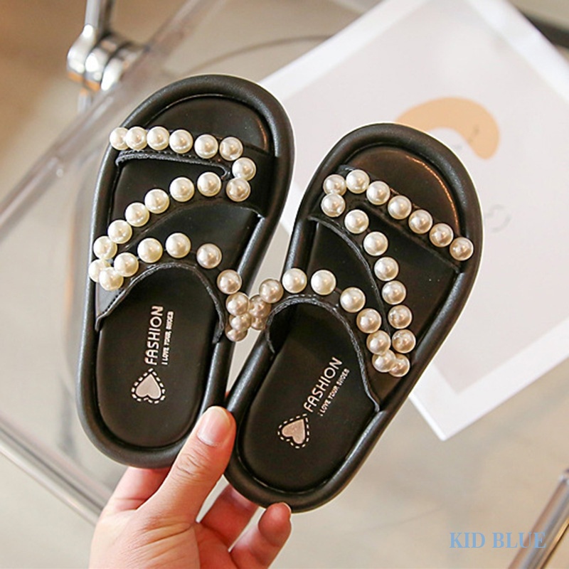 Dép Sandal Đế Dày Quai Chéo Đính Ngọc Trai Thời Trang Mùa Hè Hàn Quốc Dành Cho Bé Gái Mang Đi Biển