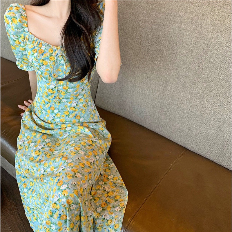 Váy xanh bơ đầm bigsize nữ đầm tay phồng đầm nữ váy hoa nhí cổ vuông đầm dài đầm vintage đầm đi tiệc váy đi chơi đầm dự tiệc sang trọng