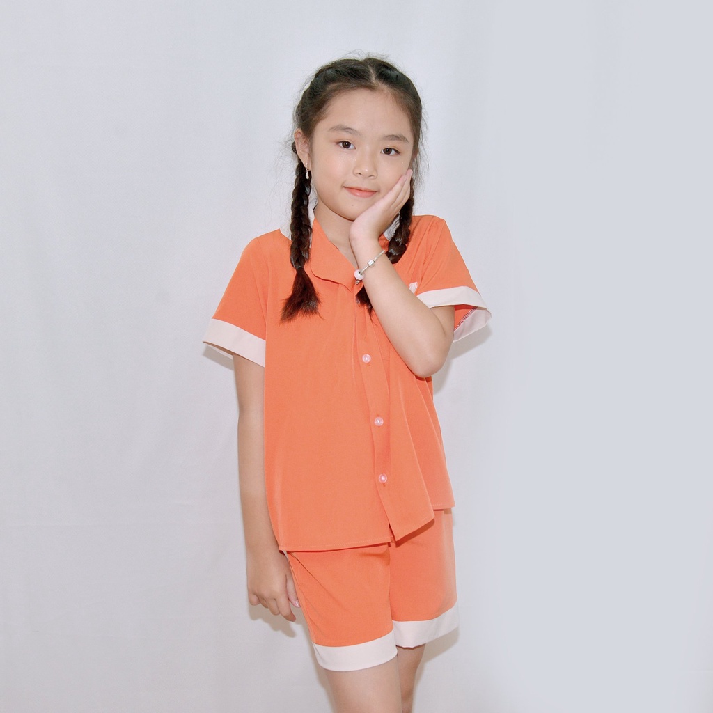 Bộ đồ ngủ pijama bé gáÍ MÀU CAM PHA CỔ - Vải lụa mềm mại, màu sắc tươi mới, mang lại cho bé cảm giác cực kỳ dễ chịu