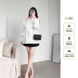 Áo sơ mi nữ dáng dài cổ nơ phối bèo sang chảnh Calie AS087