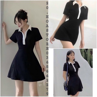 ĐẦM POLO BODY TAY NGẮN CỔ BẺ - VÁY POLO DÁNG XÒE MÀU ĐEN VIỀN CỔ TRẮNG - VÁY THUN CÚC CÀI