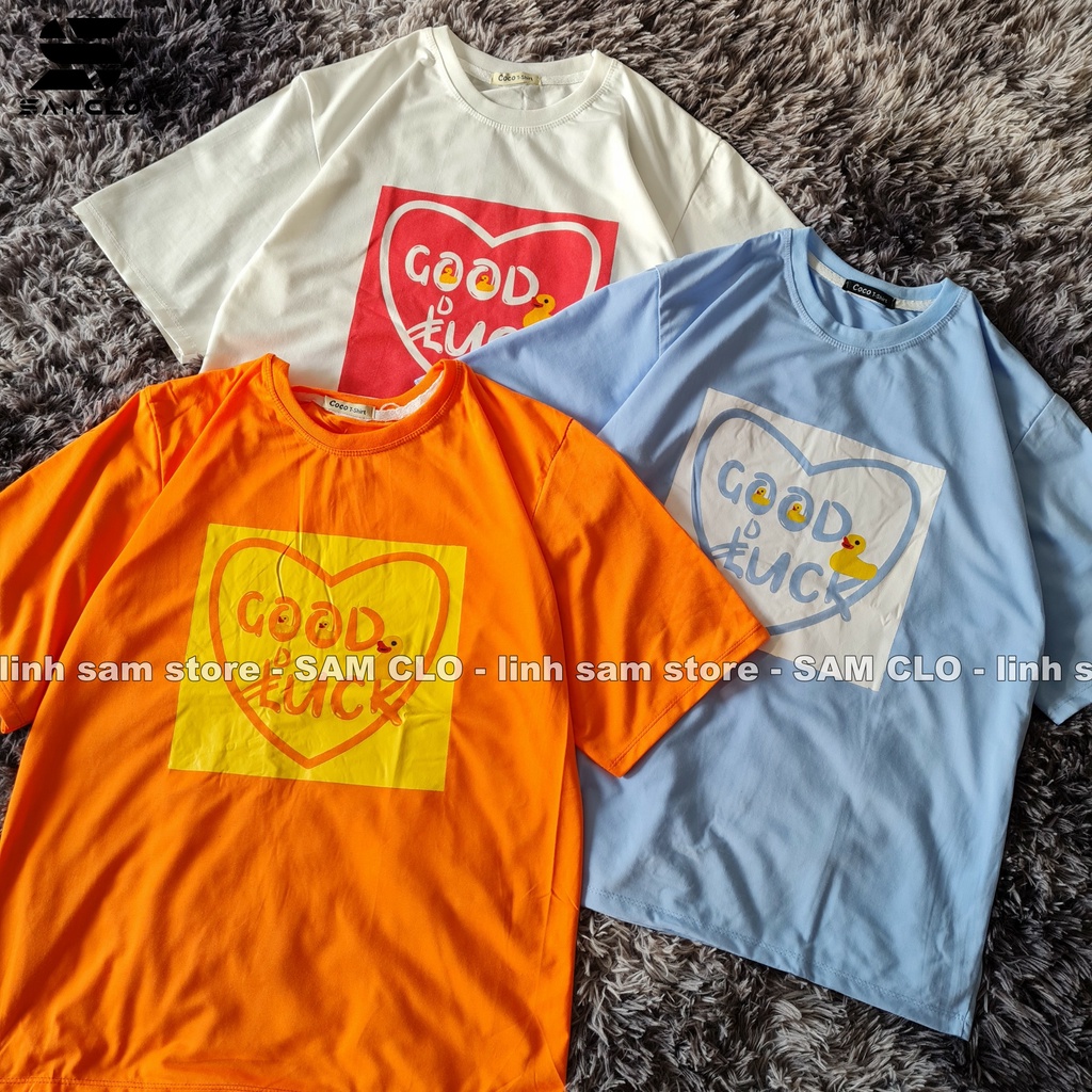Áo thun nữ tay lỡ SAM CLO freesize phông form rộng dáng Unisex, mặc lớp, nhóm, couple hình TRÁI TIM chữ GOOD LUCK