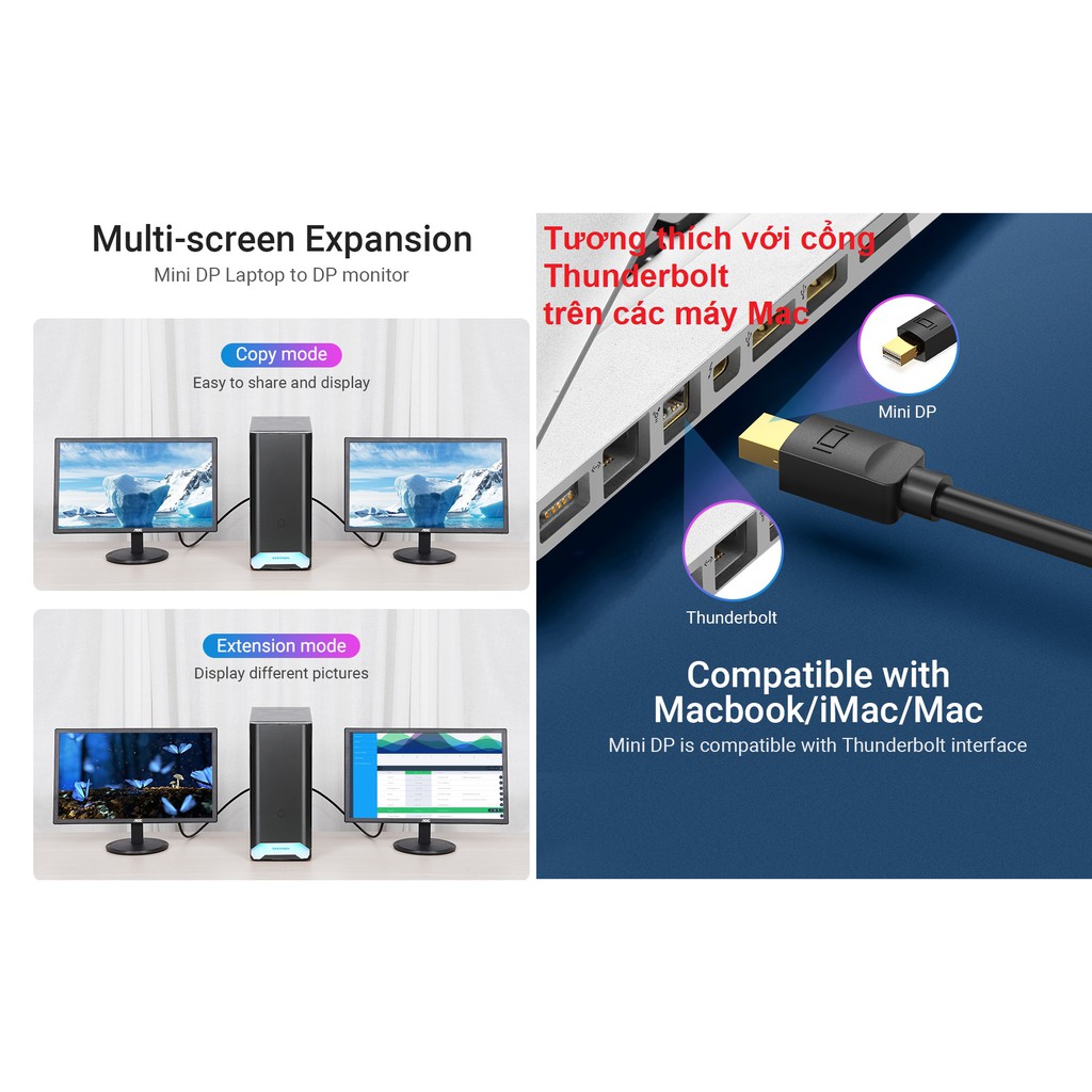 [Mini DP to DP] Cáp chuyển đổi 2 chiều Mini DP và DP 4K@60Hz Vention HAABG