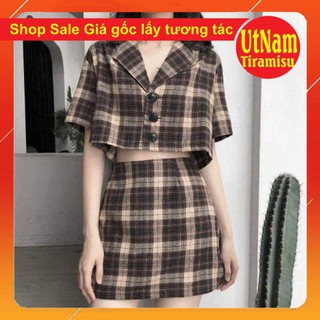 Sét váy kẻ Vec❤️thời trang nữ❤️đẹp❤️đầm❤️ bộ nữ❤️Dáng croptop phong cách Vintage