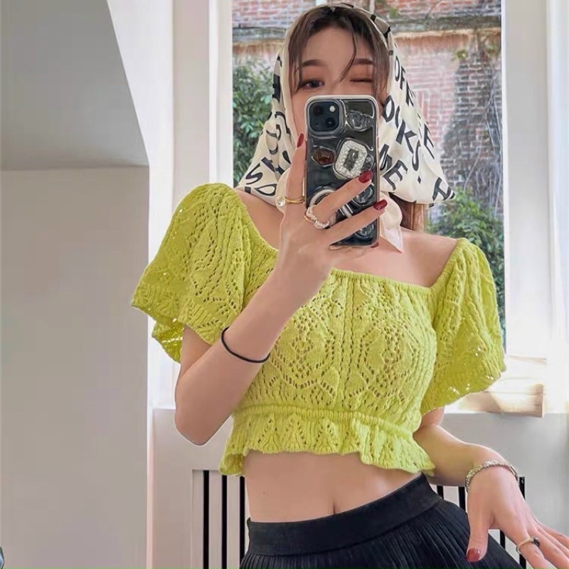 Áo len nữ tay cộc cánh tiên bẹt vai dáng croptop hot