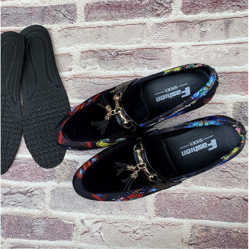 Giày lười da ⚡ In họa tiết 3D bướm ⚡ kết hợp da lộn đính chuông kim loại phong cách trẻ trung mới nhất ⚡