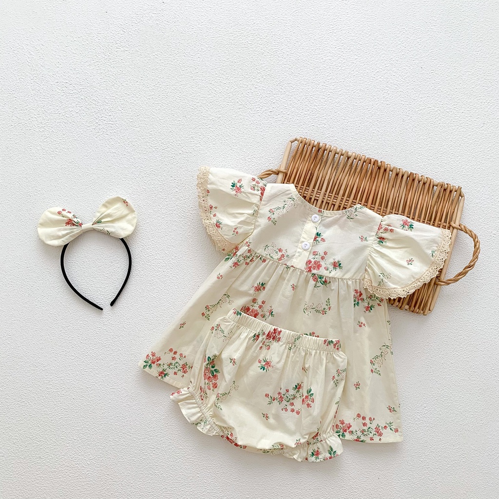 Bộ Áo Liền Quần Tay Cánh Tiên In Hoa + Băng Đô Cài Tóc Cho Bé Gái