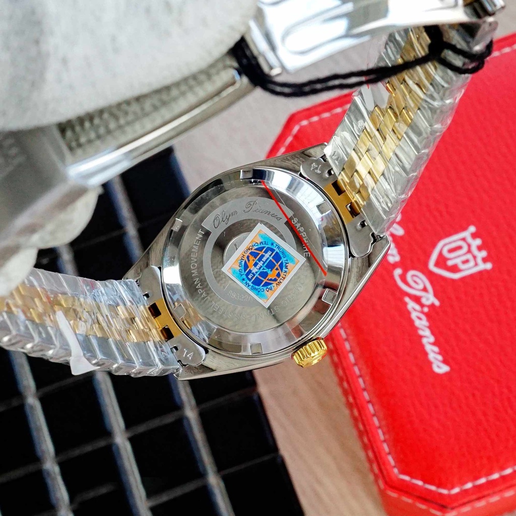 Đồng hồ nam dây kim loại mặt kính sapphire automatic Olym Pianus OP89322 OP89322AGSK vàng