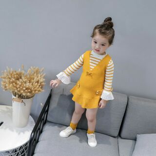 Set váy yếm kẻ ( Hồng tím + Vàng )