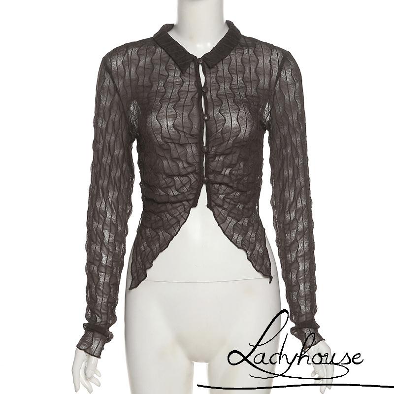 Áo Sơ Mi Croptop Tay Dài Vải Mỏng Màu Trơn Cài Nút Thời Trang Mùa Hè Cho Nữ