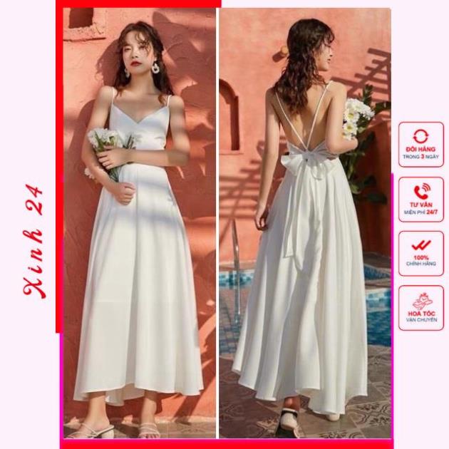 Đầm váy maxi trắng nơ sau đi tiệc - đi biển (kèm hình thật)