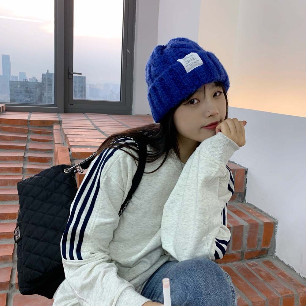 Mũ beanie dệt kim màu trơn phối chữ thời trang Hàn Quốc mùa đông dành cho nữ