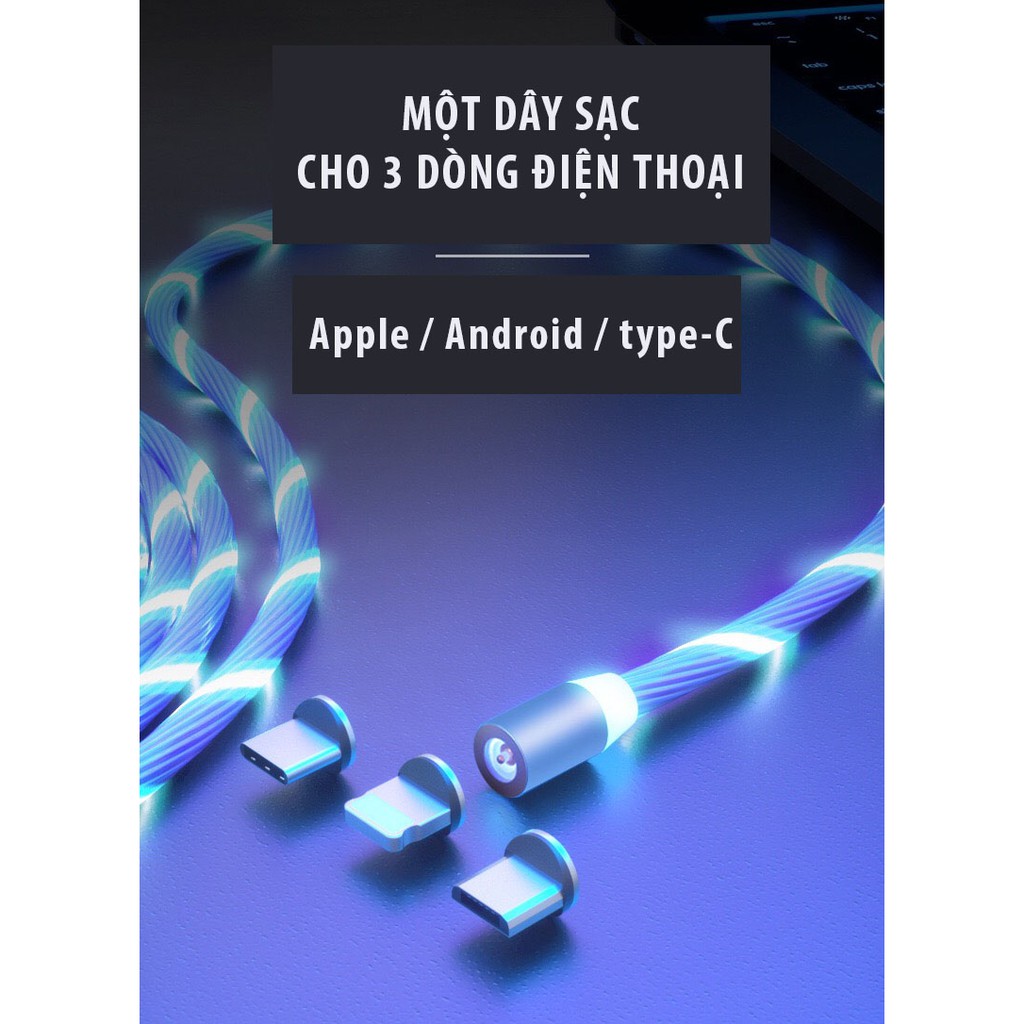 Dây Cáp Sạc Nam Châm 3 Trong 1 Iphone, Android, Type-C Đèn Led Chạy Siêu Sáng Xoay 360 Độ