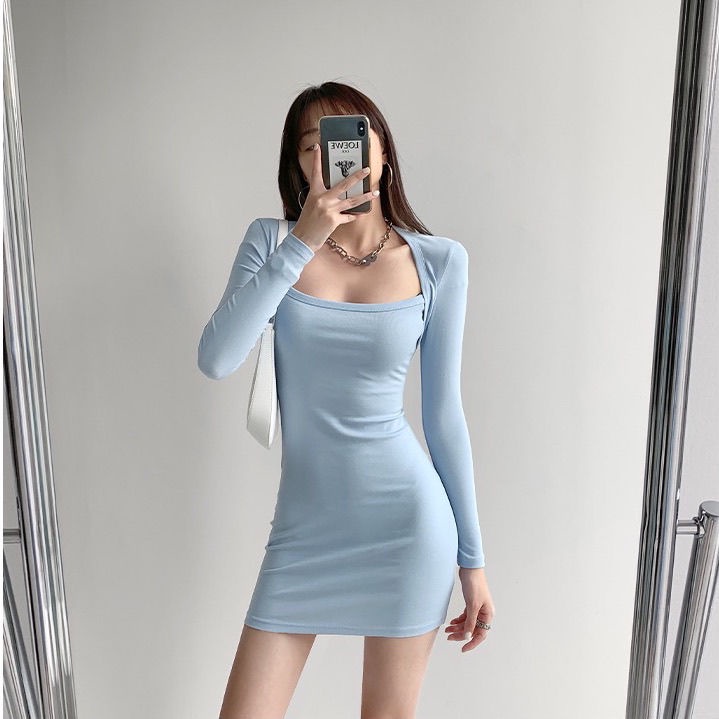 COZOK Đầm dệt kim tay dài cổ vuông ôm eo giả hai lớp thời trang cho nữ