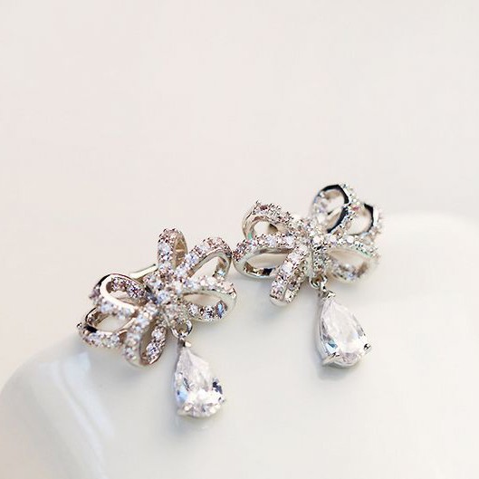 Bông tai nơ đính đá pha lê cao cấp hàng chuẩn 100% loại 1 - Mely 1515