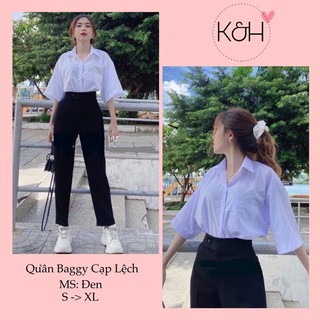 Quần baggy cúc lệch ống suông KH02, quần tây khuy lệch lưng cao kiểu dáng công sở màu đen cho nữ