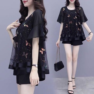 Sét bộ đùi áo lưới thêu bướm kim sa - mh386340 hàng quảng châu