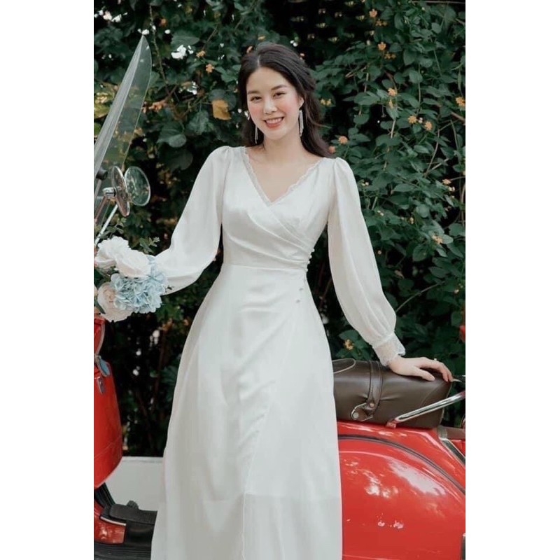 Đầm maxi xếp li eo tay dài
