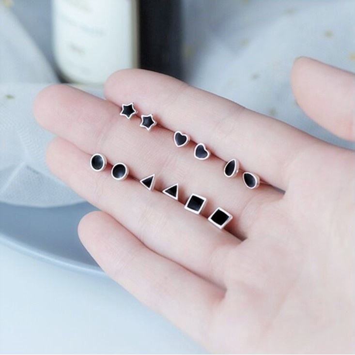 Bông tai bạc nữ đính đá sơn đen Evasilver, chất liệu bạc ta cao cấp nhỏ xinh