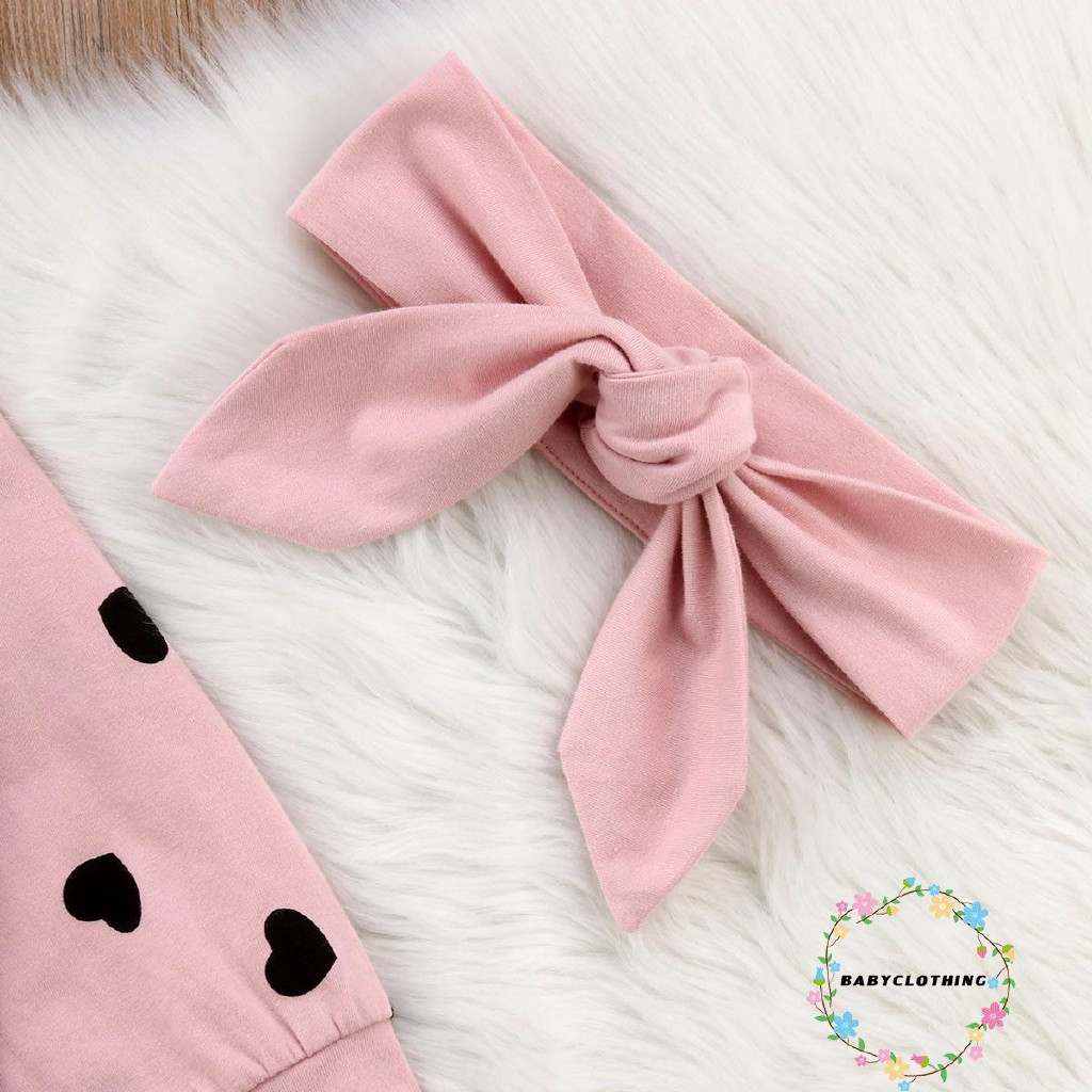 ღWSVღLove Heart Pink Baby Girls Long Sleeve Romper Bodysuit +Stripe Pant+ Headaband Casual Cotton Outfits Clothes