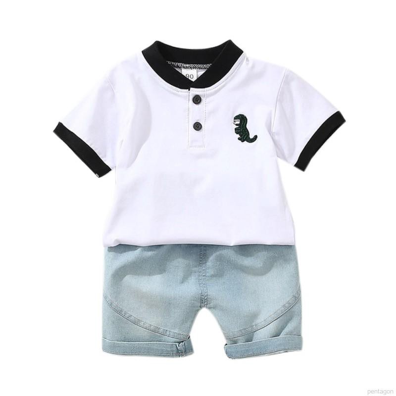Bộ áo thun tay ngắn in hình khủng long + quần short denim cho bé trai