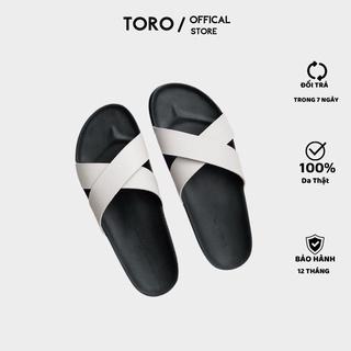 Dép da nam nữ (couple) quai chéo Toro chất liệu da bò cao cấp , màu trắng đế cao su non T01