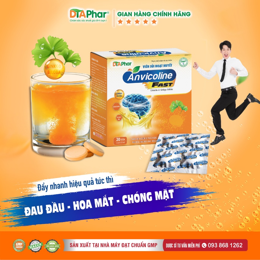 Viên sủi hoạt huyết Anvicoline Fast DTAPhar Giảm đau đầu, hoa mắt, chóng mặt, mất ngủ, mệt mỏi tức thì Hộp 20 viên