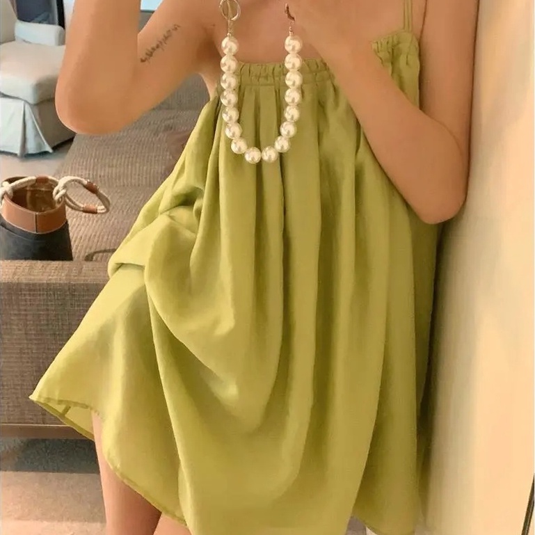 [MURIOKI] Đầm Hai Dây Phồng Màu Xanh Lá Phong Cách Pháp Thời Trang Cho Nữ